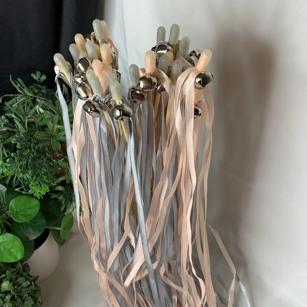 Set of 29 peachy pink and gray FAIRY WANDS / wedding ribbon streamers with bells